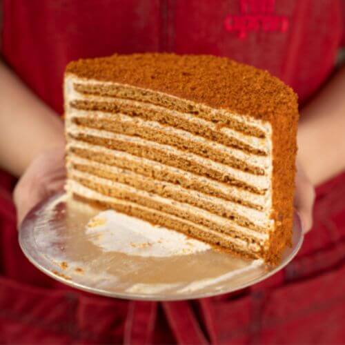 Medovik honey cake with thin stacked layers